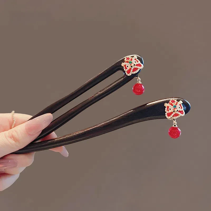 古风汉服国潮醒狮发簪新年头饰发钗红色黑檀木盘发簪子新中式头饰