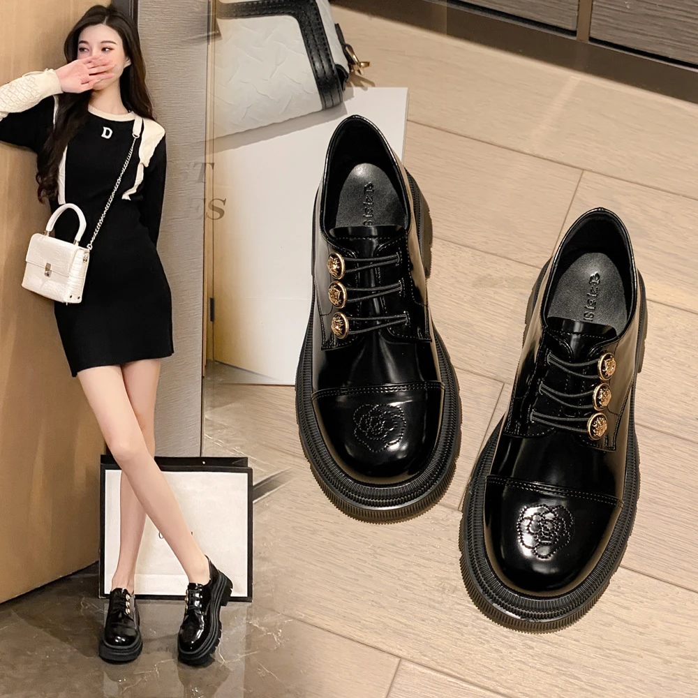 2025新款爆款网红春秋厚底增高小个子乐福鞋女黑色小皮鞋粗跟单鞋