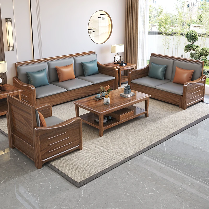胡桃木木质轻奢全实木高箱现代简约家用储物客厅沙发组合成套