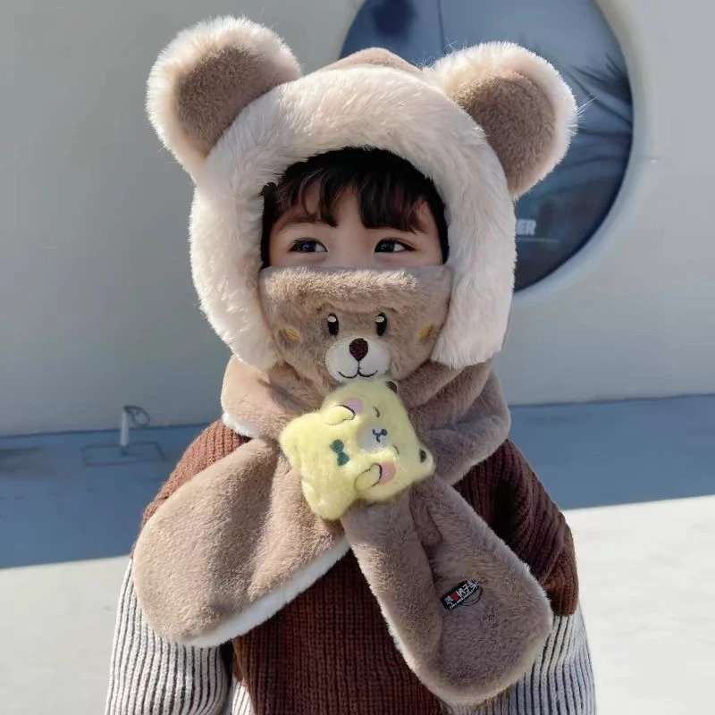 儿童帽子冬季宝宝口罩围巾一体帽保暖男童女童防风加厚毛绒套头帽