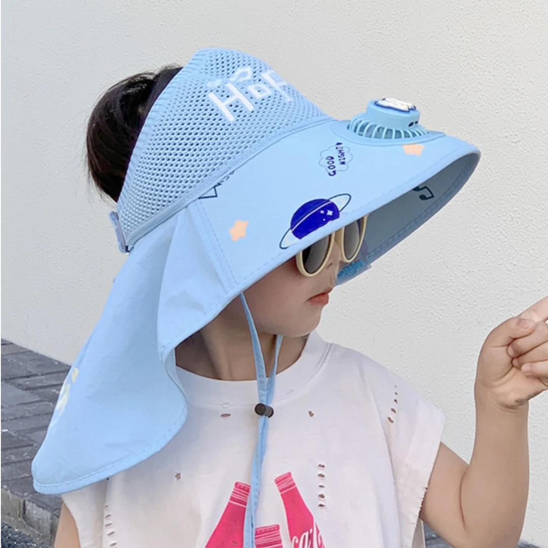儿童防晒风扇帽男童帽子夏季女童宝宝遮阳帽太阳帽空顶透气大帽檐