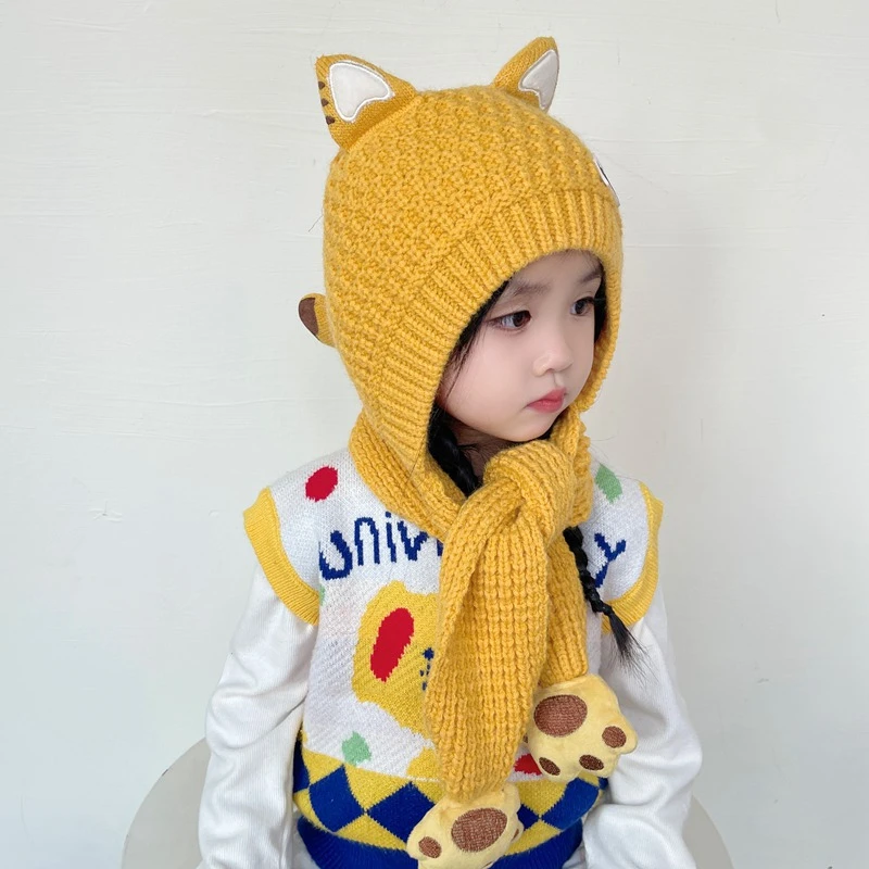 宝宝帽子秋冬可爱男女童护耳帽冬季保暖儿童一体帽针织毛线帽围巾
