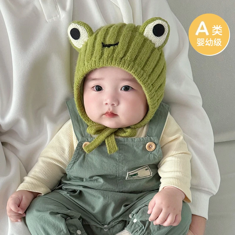 婴儿帽子秋冬季可爱小青蛙宝宝护耳帽保暖加厚毛线帽男女童套头帽