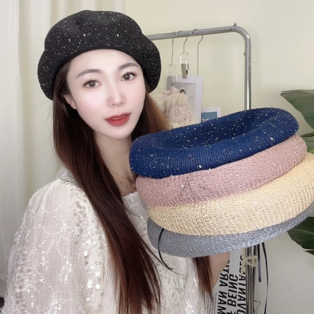 韩版镂空亮片小众黑色星星贝雷帽子女网眼圆顶日系时尚画家蓓蕾帽