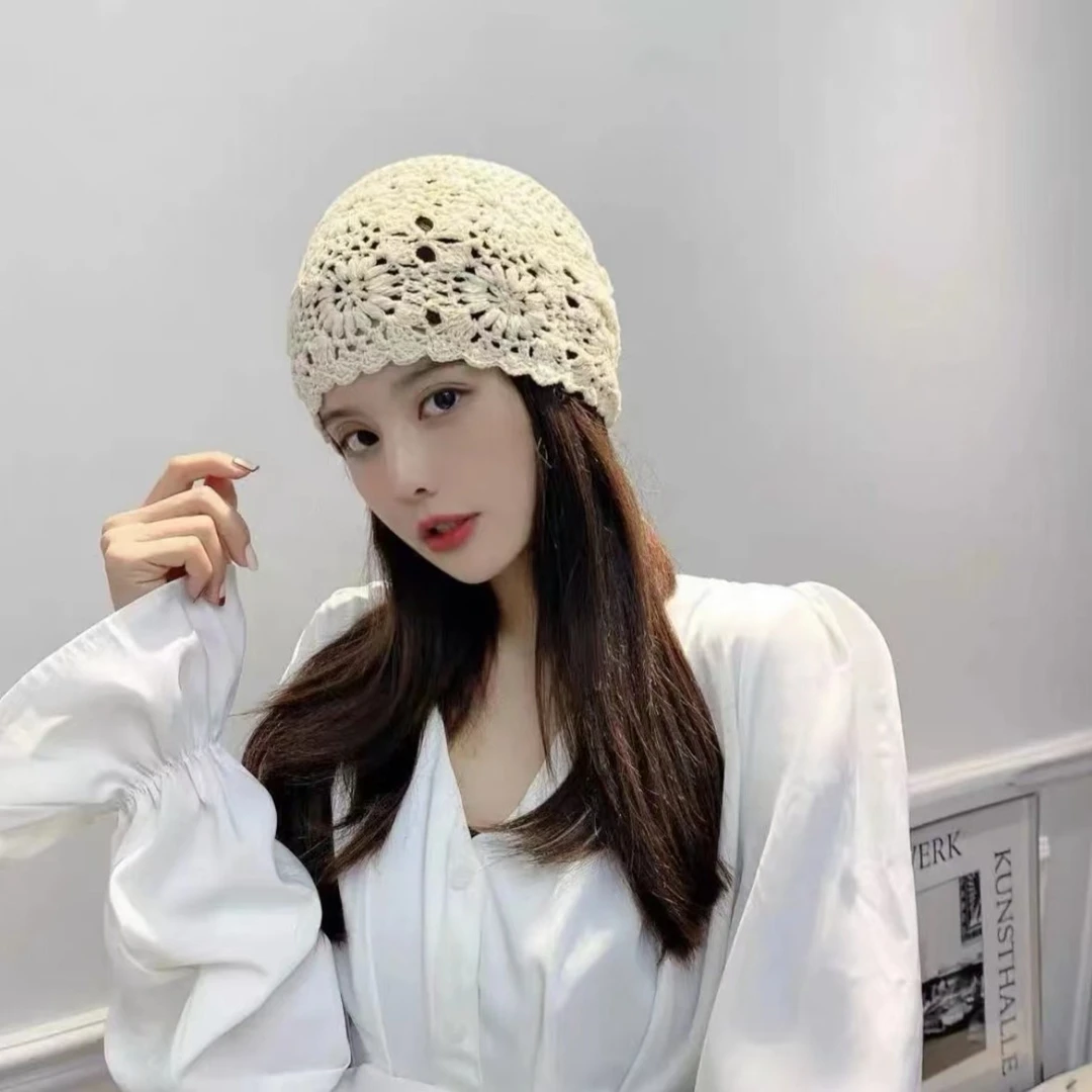 手工钩花网红百搭手工堆堆帽薄款透气日系时尚编子包头女士透气