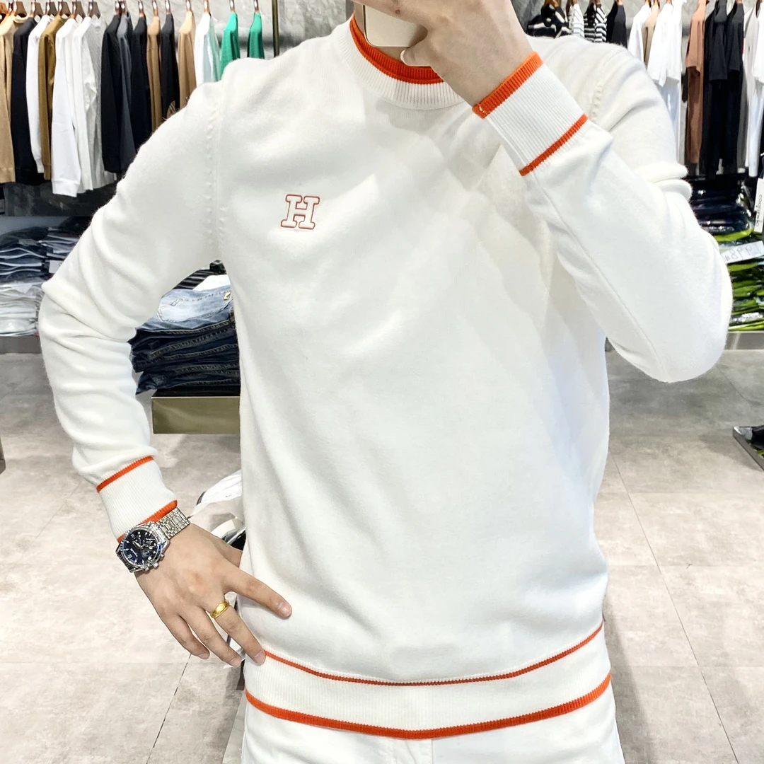 秋冬男士新款长袖撞色刺绣印花气质时尚百搭针织毛衣休闲潮男毛衣