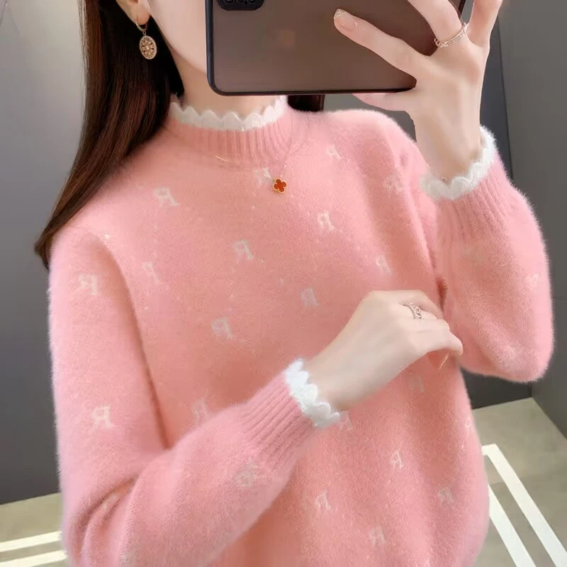 半高领水貂绒毛衣女秋冬2022新款套头短款洋气内搭宽松针织打底衫