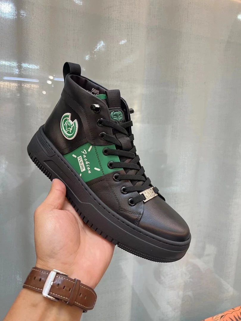 高帮鞋男2024秋季新款男士系带圆头真皮板鞋潮流百搭厚底休闲潮鞋