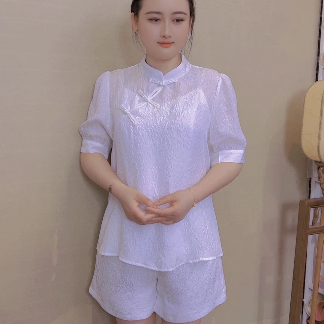 《学伊坊》国风上衣提花真丝套装夏季立领中国风女士短裤中式气质