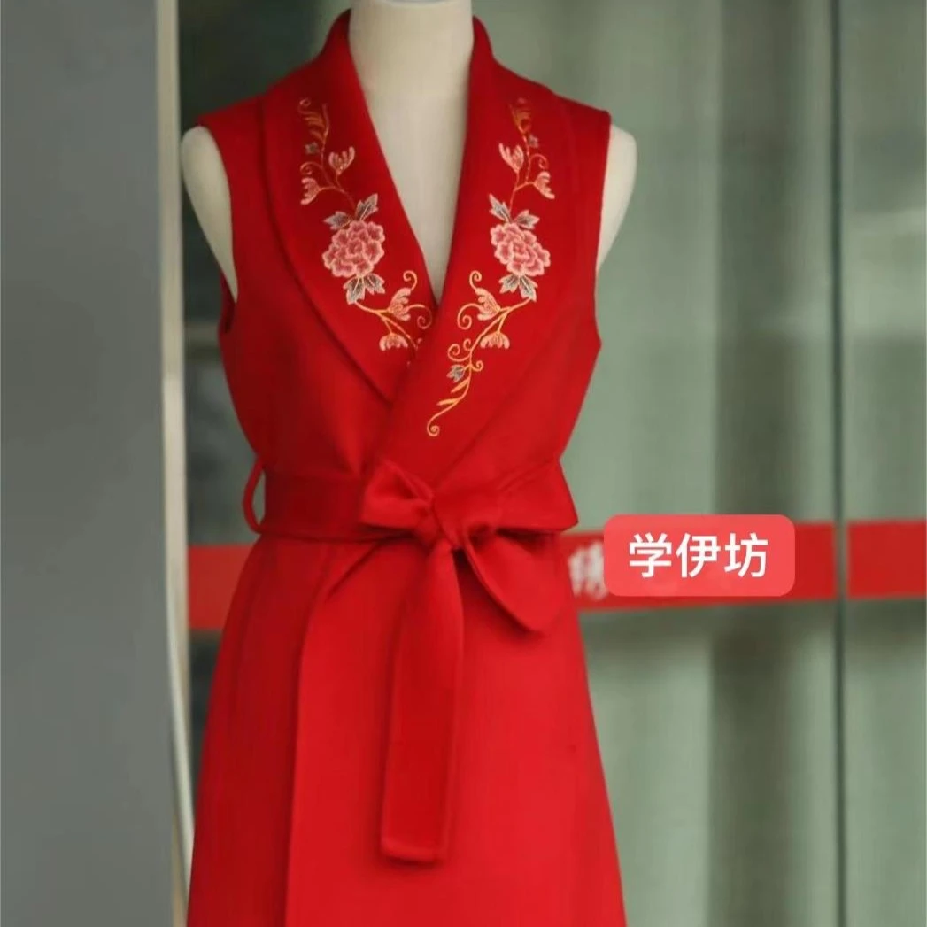 【学伊坊】苏绣纯手工刺绣双面尼春秋女款马夹背心上衣红色长款