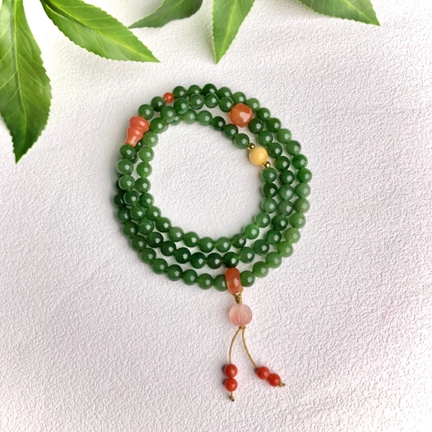 天然和田玉碧玉有黑点 设计款长串毛衣链多圈6mm(90颗)（WH2501B）