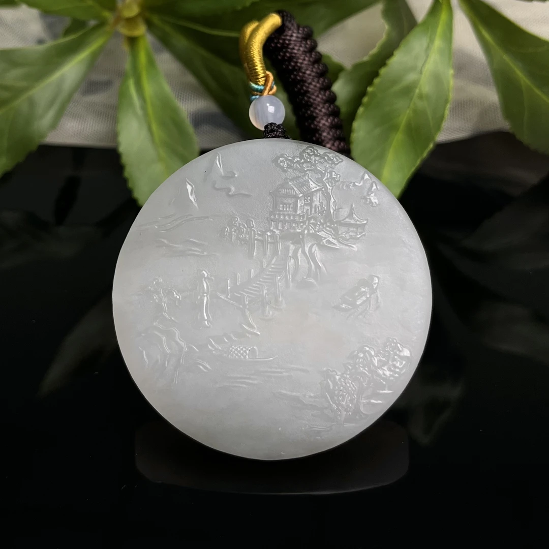 天然和田玉青海料烟青山水牌 意境飘花(水线)（WH1836）