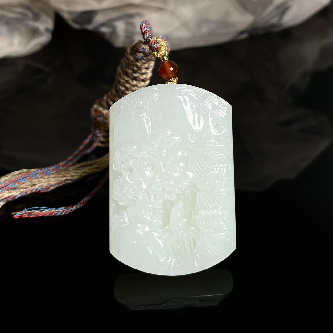 天然和田玉俄料山水牌(手工雕刻)（WH2118）
