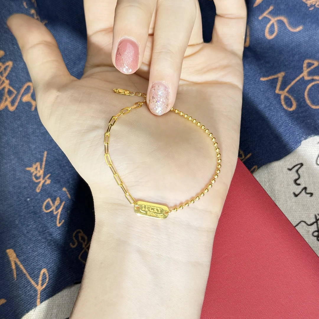 足银手链 【lucky方牌链】AB手链古法蹦迪手链光珠首饰包金工艺手饰