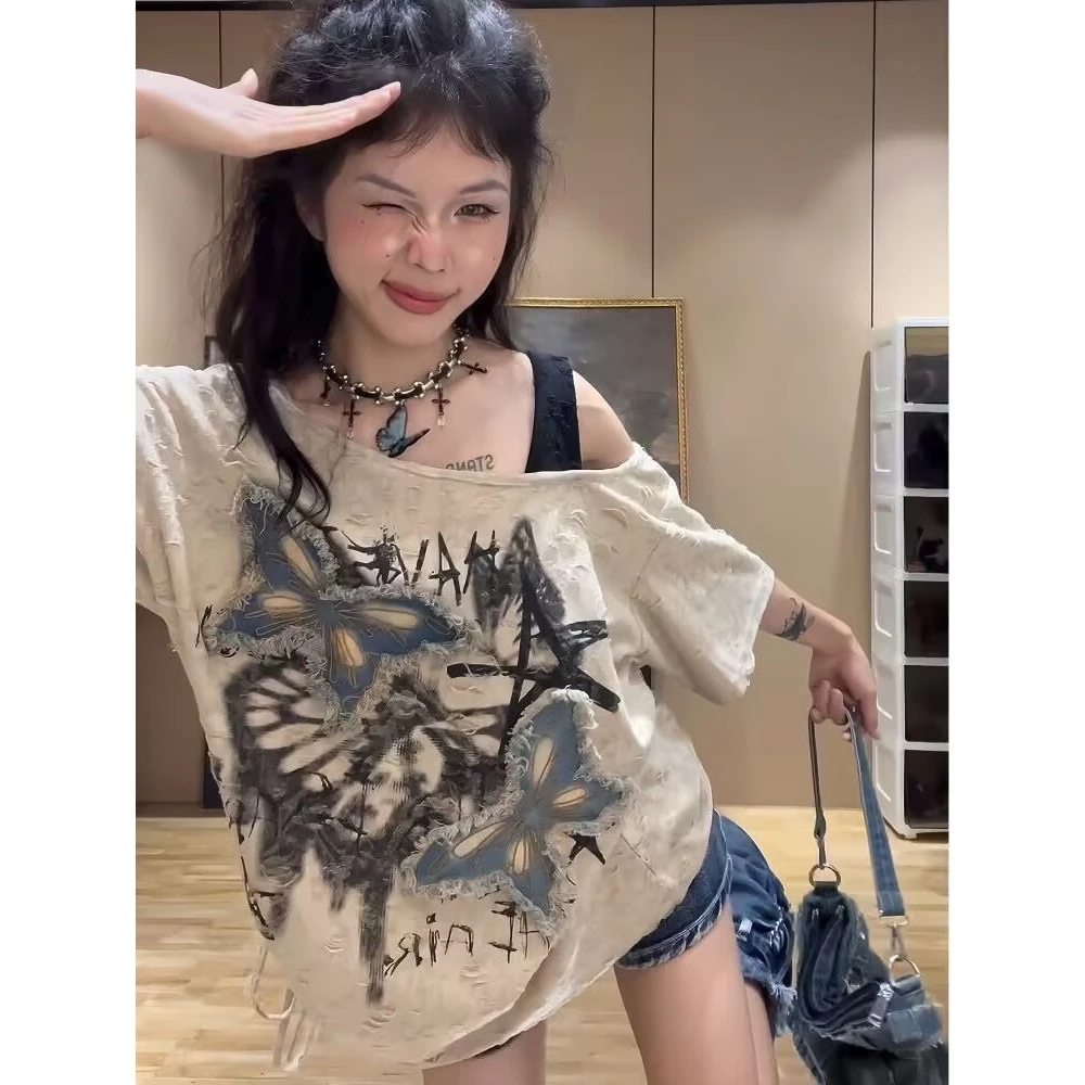 新款夏季斜肩美式甜酷破坏感蝴蝶露肩短袖上衣女重工短袖T恤跨境/