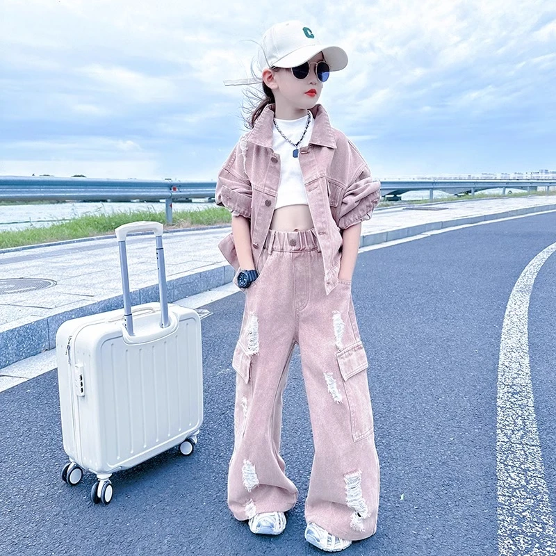女大童春秋装牛仔套装2025新款儿童洋气炸街韩版工装阔腿裤两件套