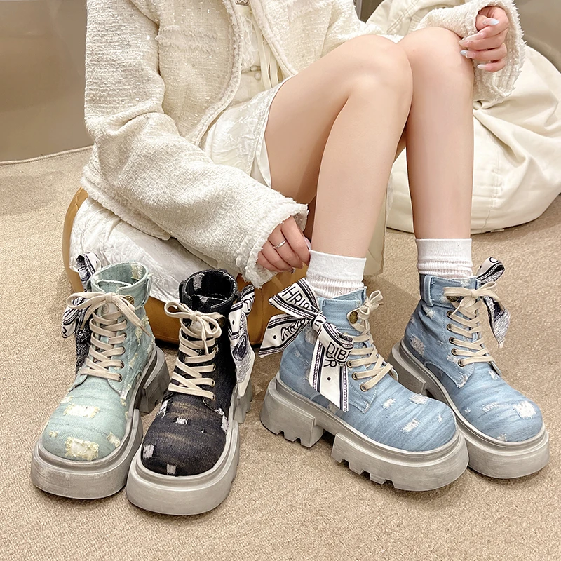 破洞牛仔靴复古厚底英伦风马丁靴女2024夏季新款百搭显脚小瘦瘦靴