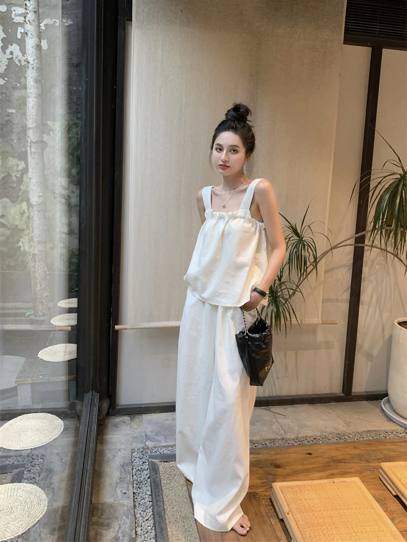 夏季新款慵懒松弛感后背绑带蝴蝶结背心上衣宽松阔脚休闲裤两件套