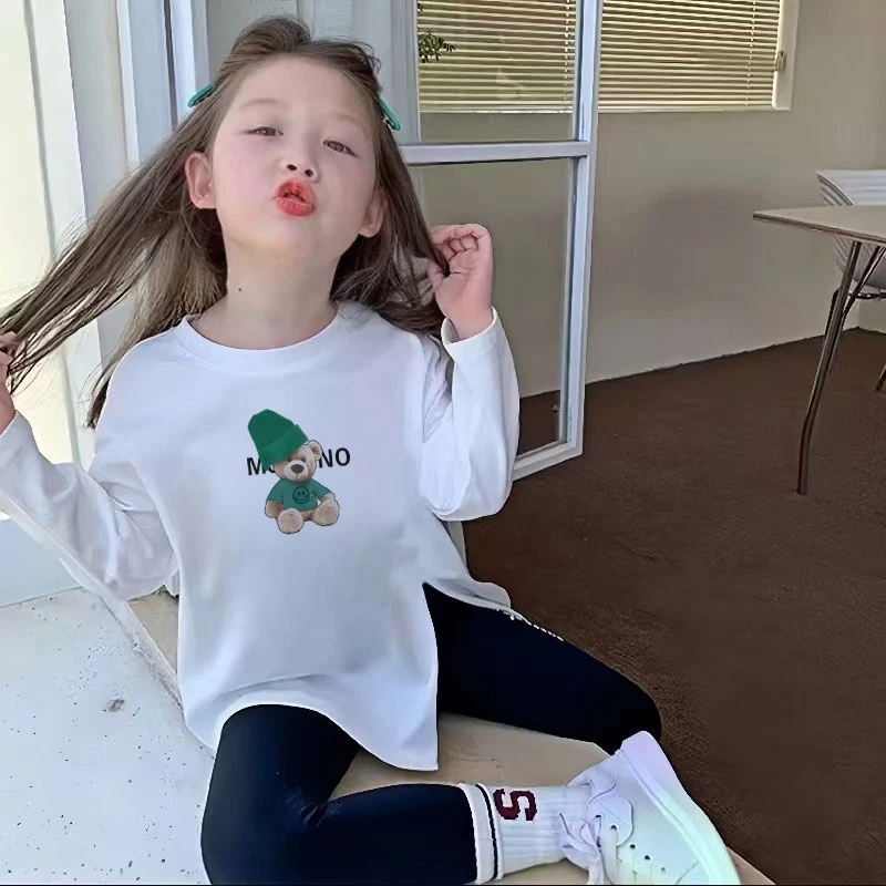 女童长款t恤春秋新款中大儿童洋气开叉卡通圆领百搭长袖打底衫潮