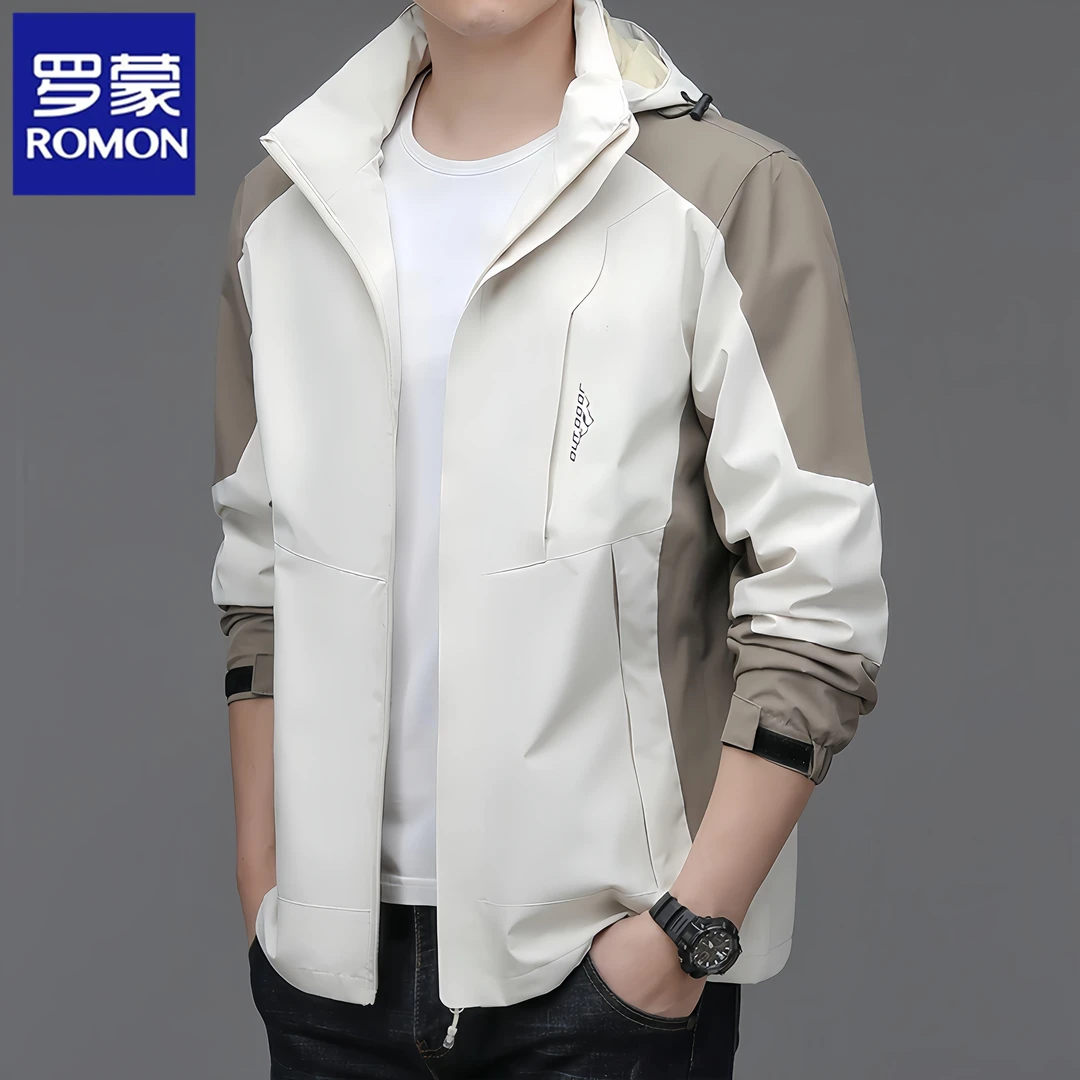 Romon/罗蒙户外夹克男士春秋季连帽上衣潮流休闲冲锋上衣服外套
