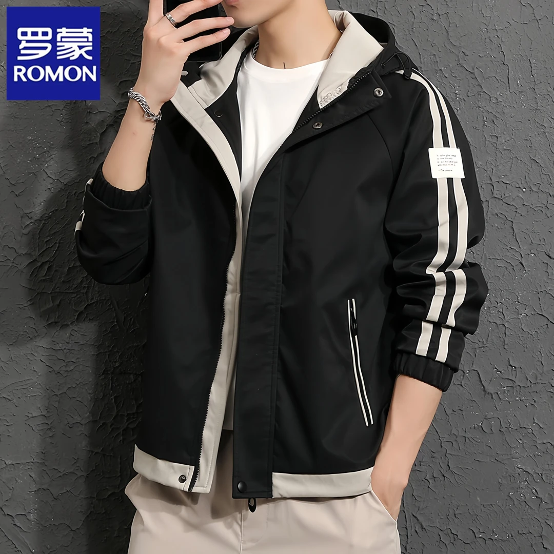 Romon/罗蒙春秋季夹克男士冲锋衣春秋季潮流加绒连帽风衣服帅休闲