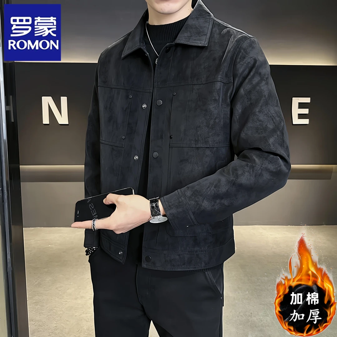 Romon/罗蒙秋冬季男士加绒加厚防麂皮外套冬款新款潮牌时尚皮夹克