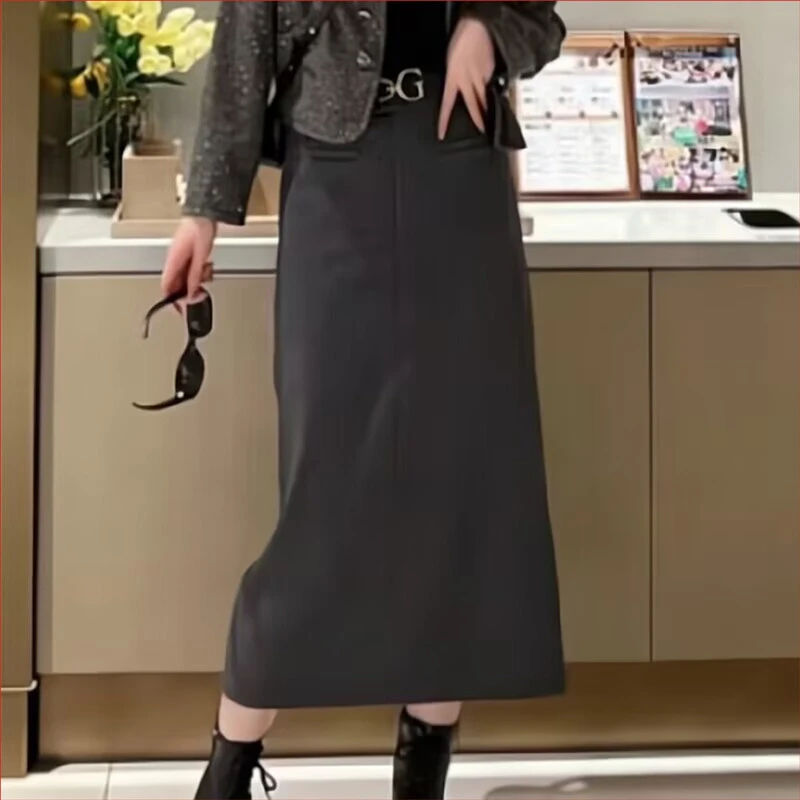 【【GIRID AMSS】2024春秋季加绒高腰黑色显瘦中长款半身裙子女