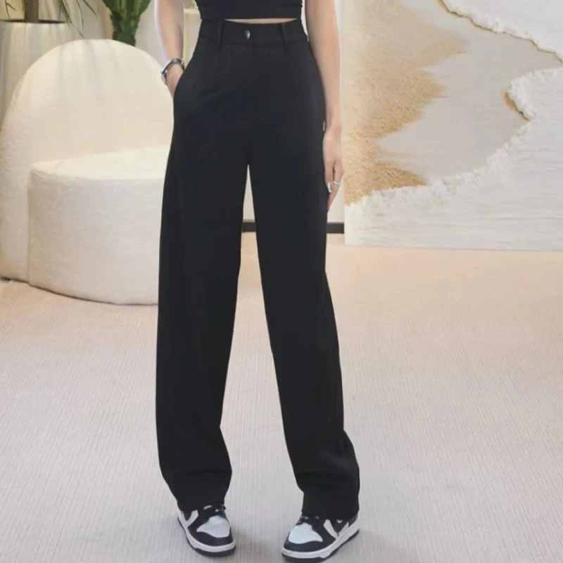 正品【专柜同款】2024黑色百搭高腰加绒微弹磨毛直筒裤长裤子