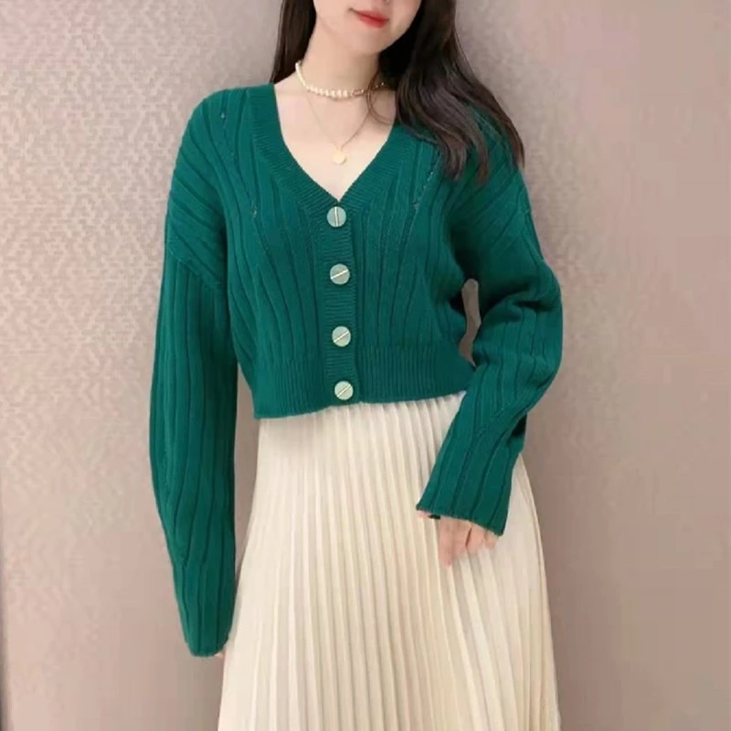 【【GIRID AMSS】2024秋冬时尚气质宽松V领镂空短款针织长袖开衫女