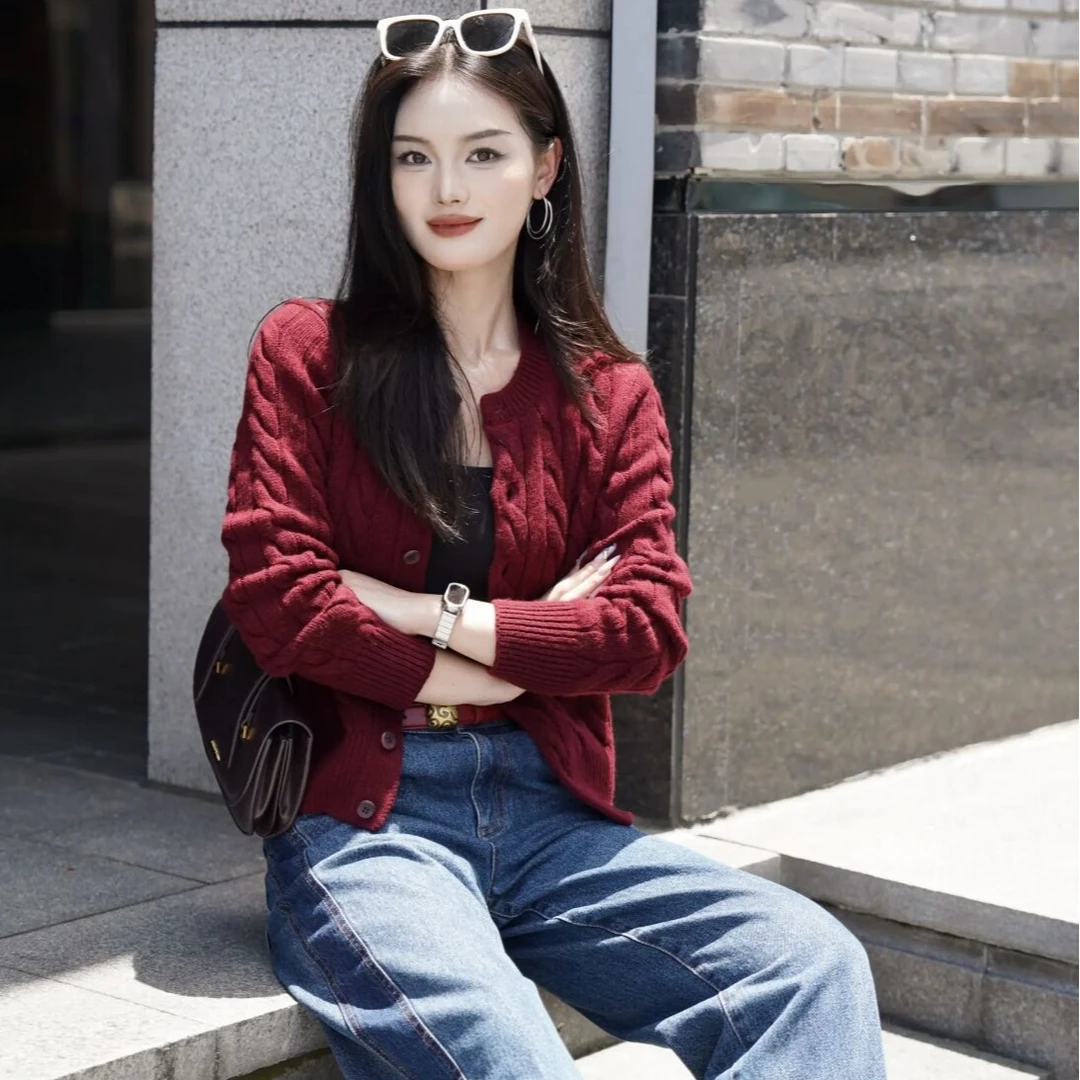 【专柜正品】保暖气质圆领百搭麻花纹羊毛短款针织长袖开衫1499248