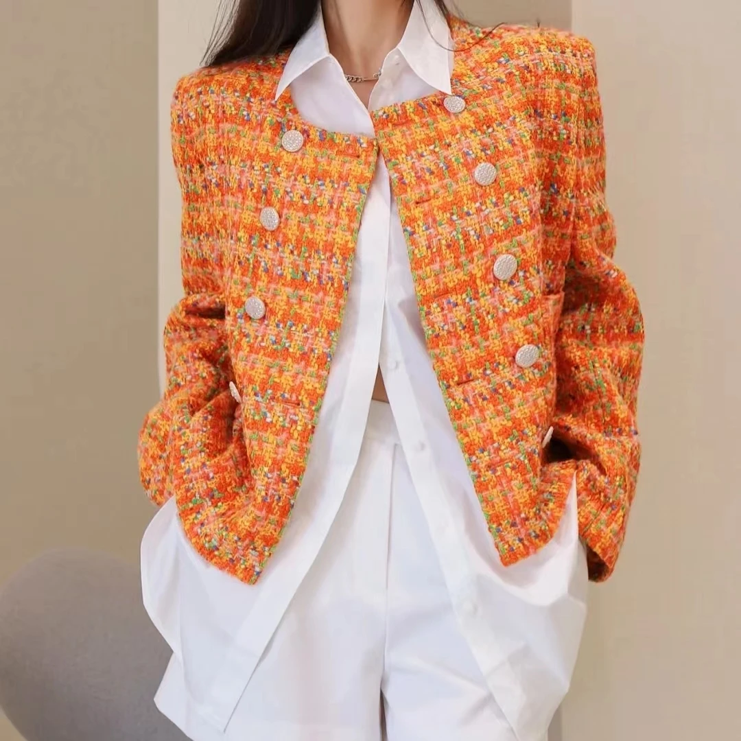 【【GIRID AMSS】轻奢编织橘色圆领气质百搭格纹粗花呢小香风短外套