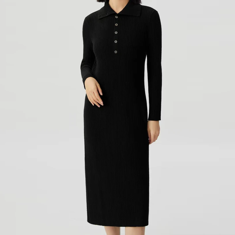 【GIRID AMSS】2024春秋直筒气质纽扣绵羊毛针织老钱风翻领连衣裙