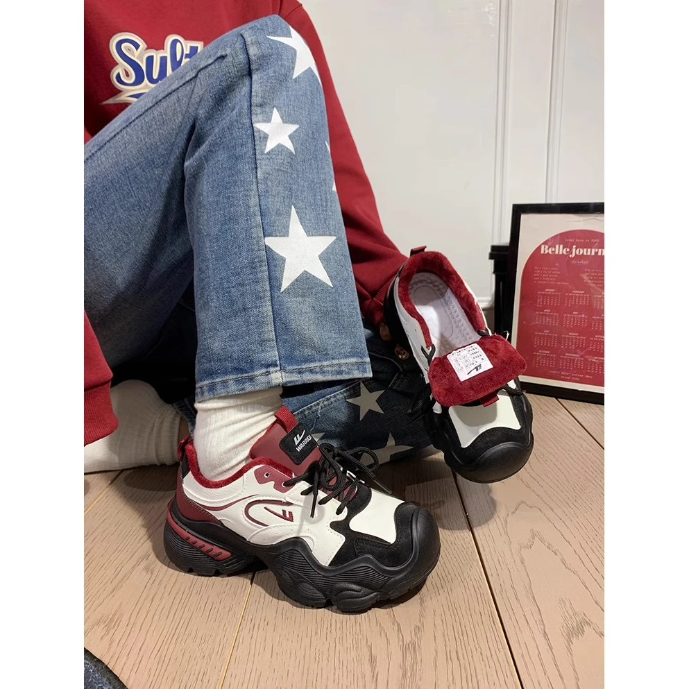 回力厚底酒红老爹鞋女款2025秋冬加绒新款女鞋百搭休闲运动鞋子女