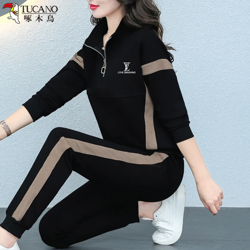 啄木鸟休闲运动服套装女春秋季韩版时尚洋气立领长袖跑步服两件套