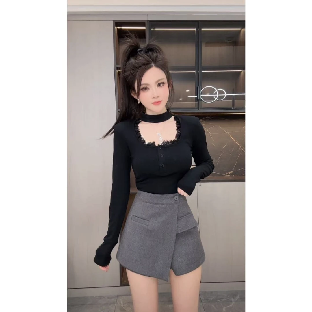 睿夕【高质感~】韩版高腰设计感不规则毛呢加厚短裤