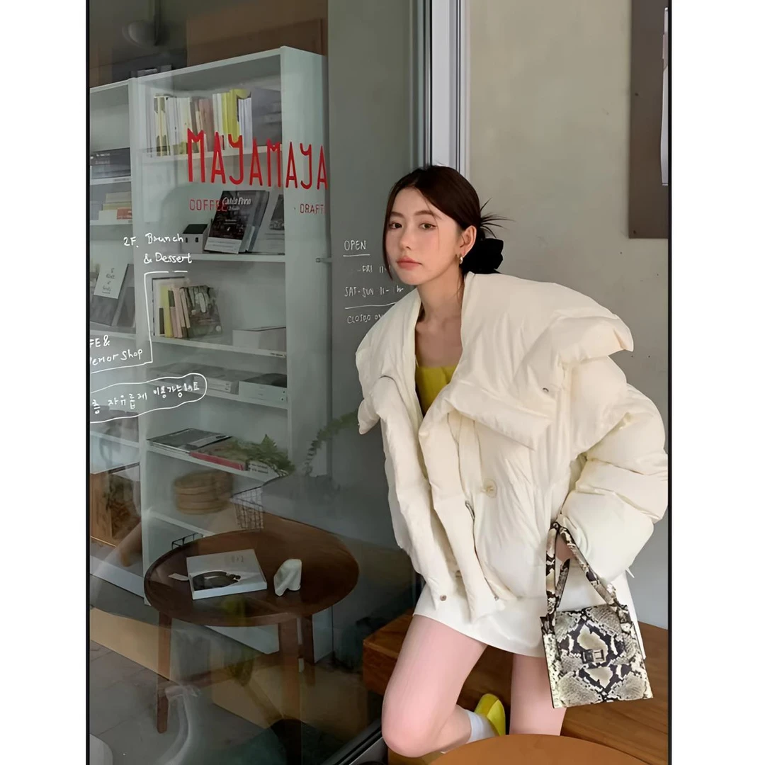 睿夕【云朵抱抱】 韩系减龄金属扣大翻领加厚羽绒外套