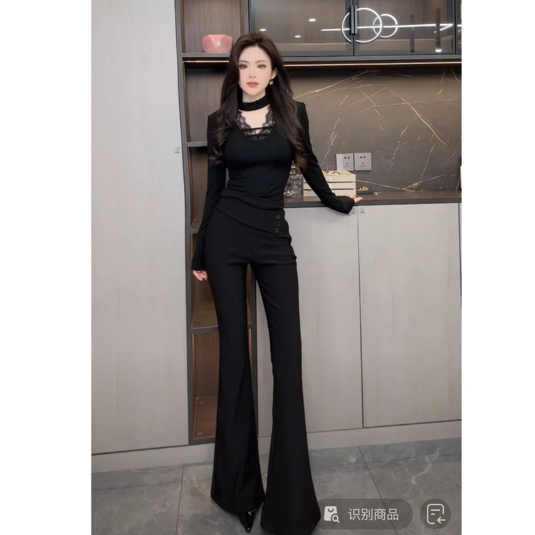 睿夕【 视觉瘦瘦裤】不规则三粒纽扣修身加绒休闲喇叭裤