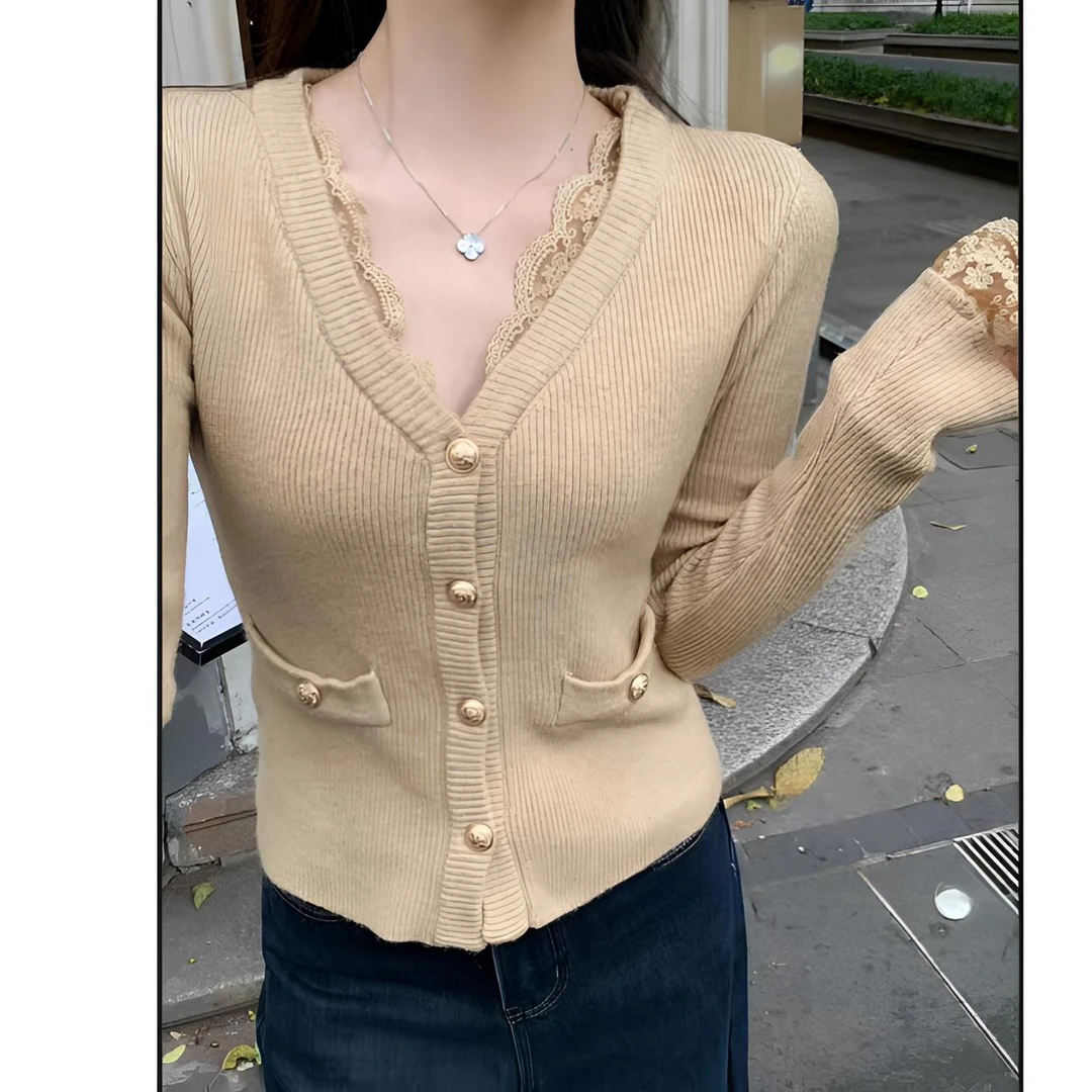 睿夕【情有独钟】韩版小香风V领蕾丝拼接排扣针织毛衣开衫