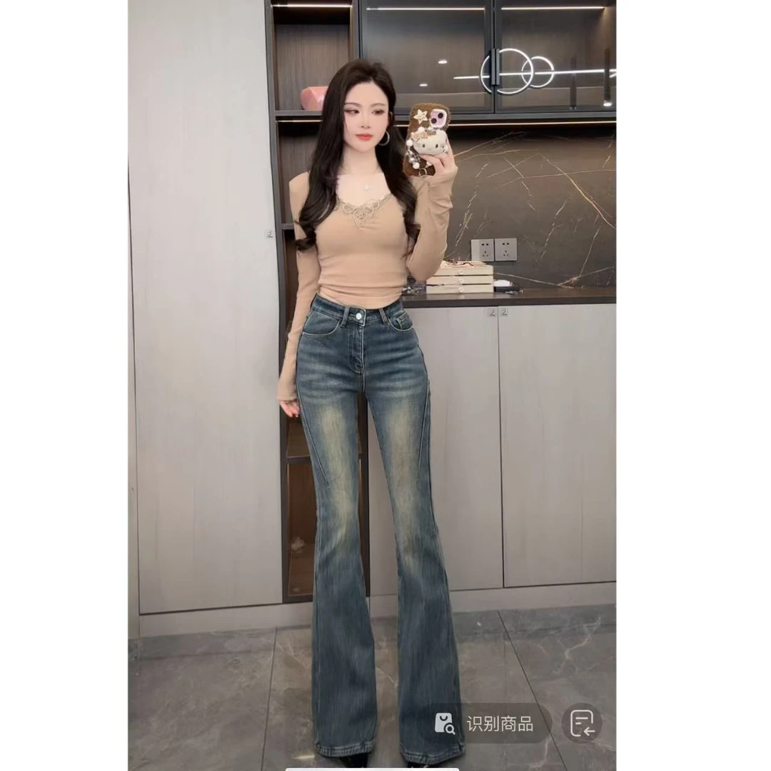 睿夕【腿精的秋冬】复古加绒修身显瘦微喇叭牛仔裤