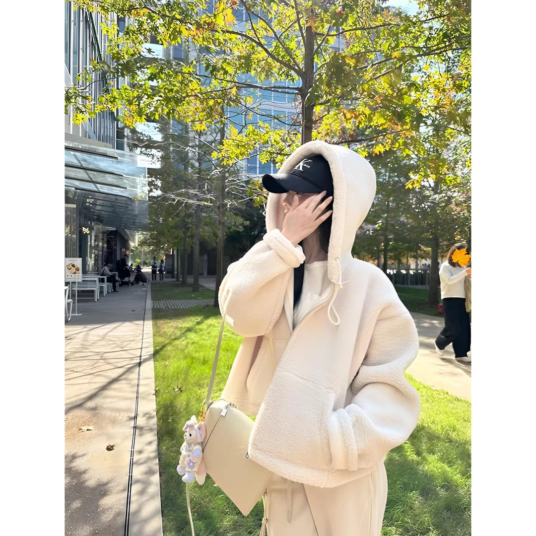 睿夕【保暖少女】秋冬小众设计连帽减龄拉链加厚毛毛外套