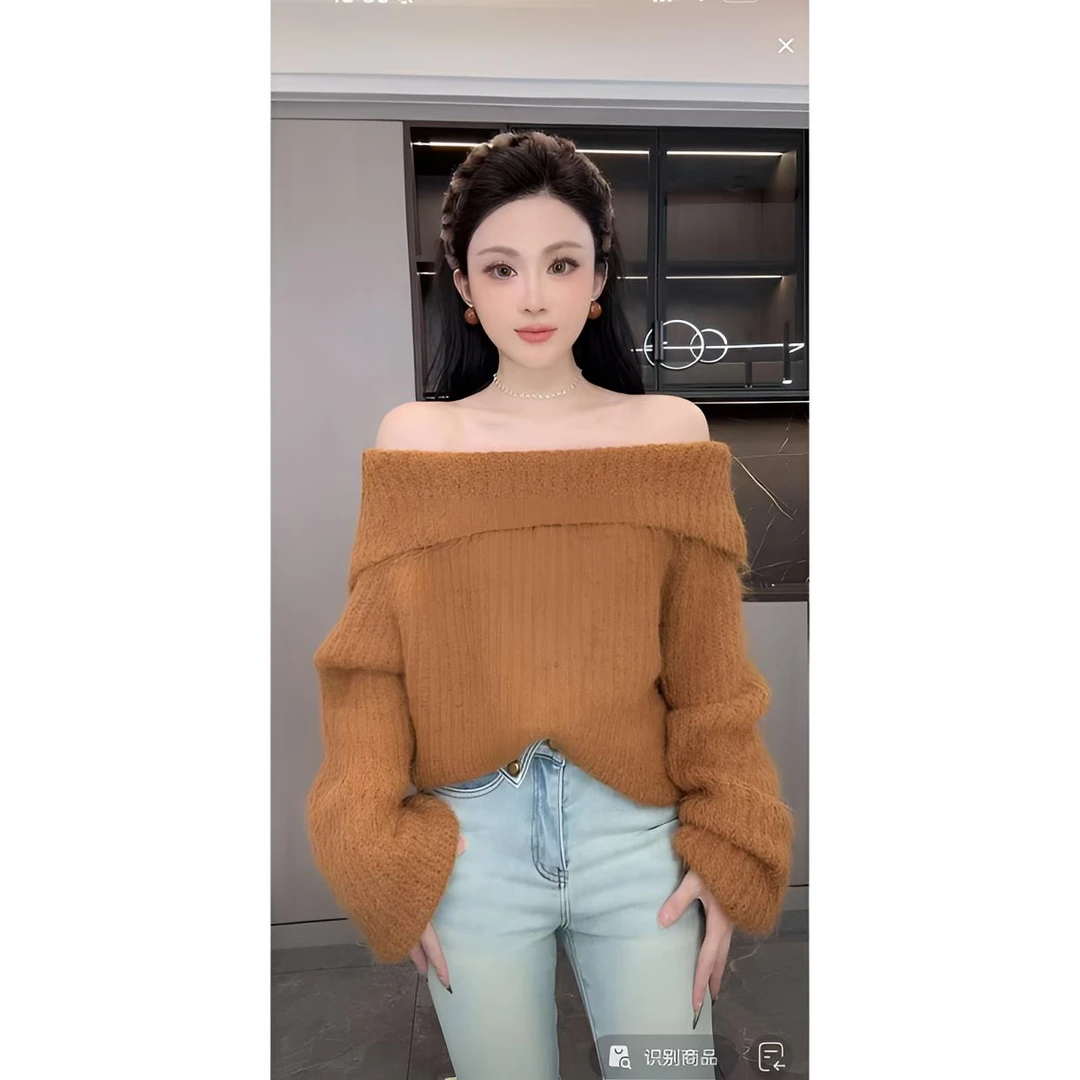 睿夕【绒绒一字肩】 D*sney氛围 冬季加厚保暖软糯毛衣