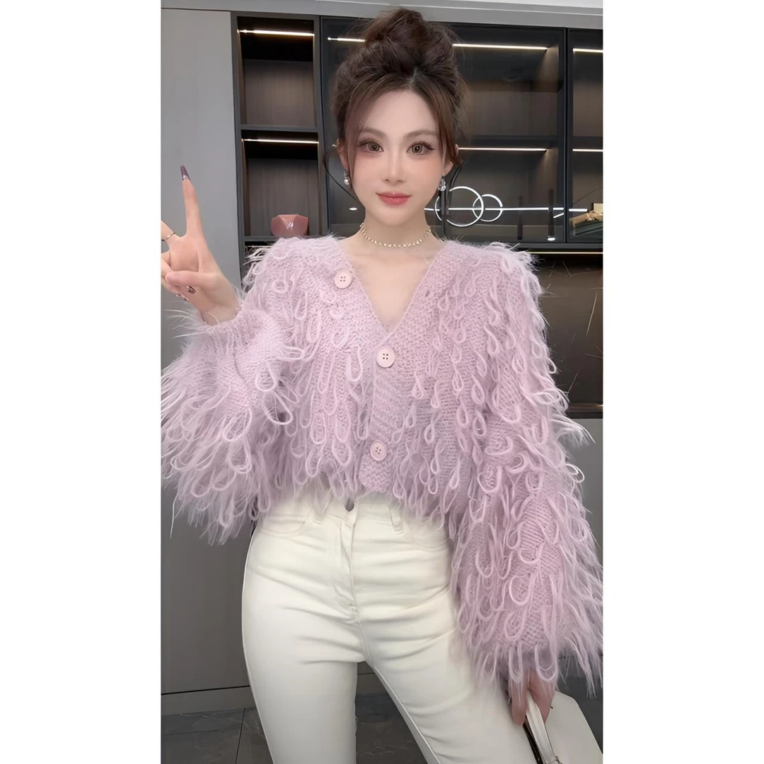 睿夕【奶霜贝果】名媛流苏羽毛V领针织毛衣开衫毛毛外套