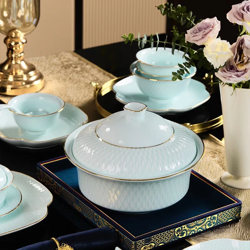 10人用青白釉景德镇高档本土高白瓷餐具套装轻奢酒店会所