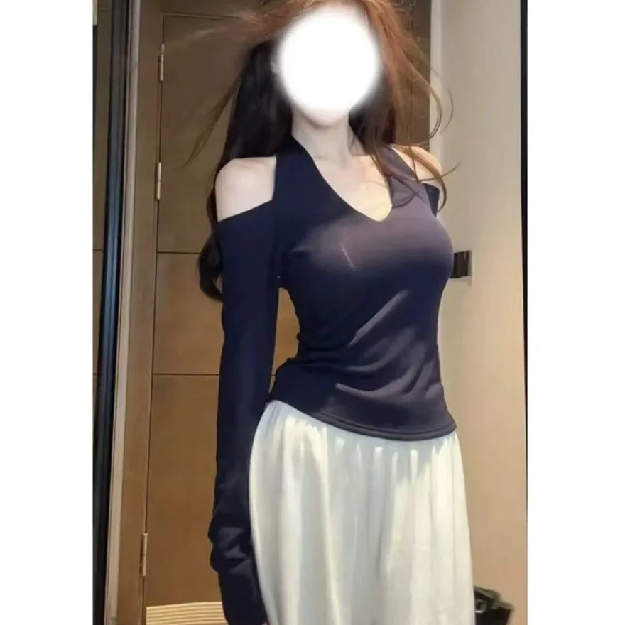 美式复古挂脖长袖露肩T恤女秋冬季纯欲修身收腰显瘦短款上衣