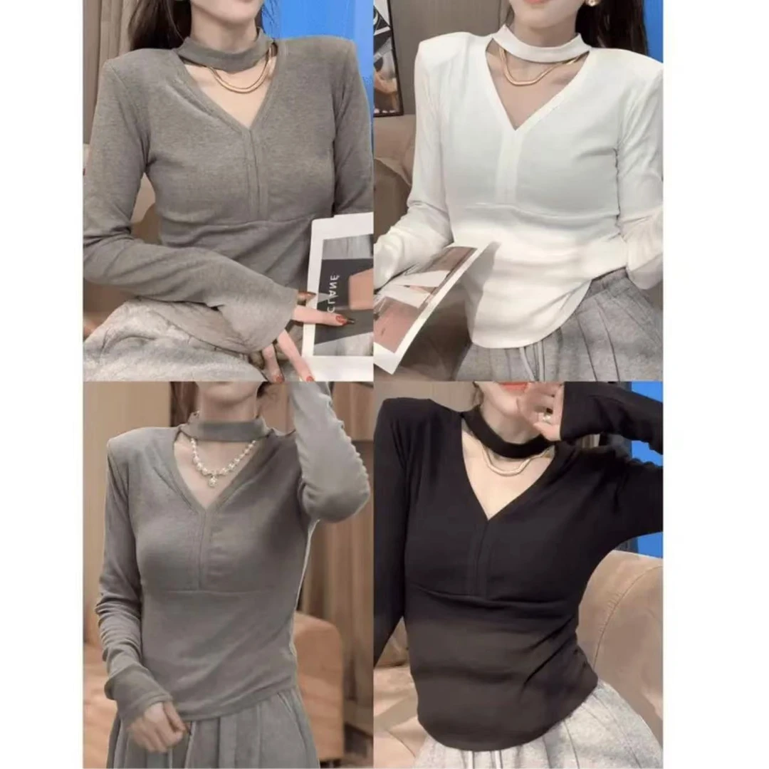 秋冬修身气质打底衫挂脖V领长袖百搭显瘦时尚设计感T恤女洋气新款