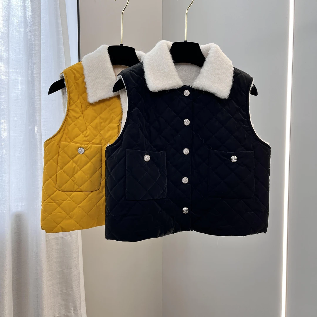 秋冬菱格羊羔毛翻领长袖保暖马甲外套夹克减龄百搭