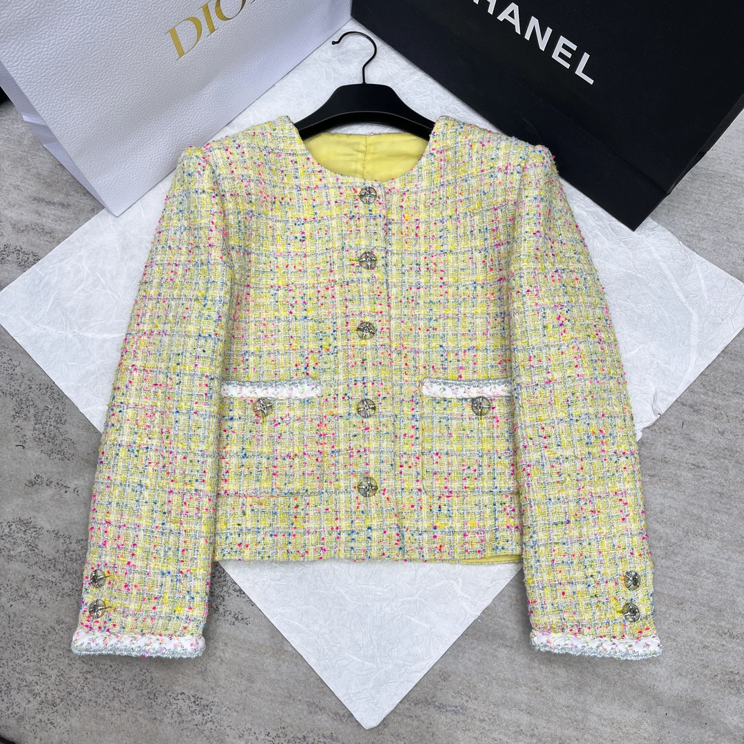 圆领重工珠片粗花呢小香风短外套新品少女风柠檬黄显瘦上衣女312