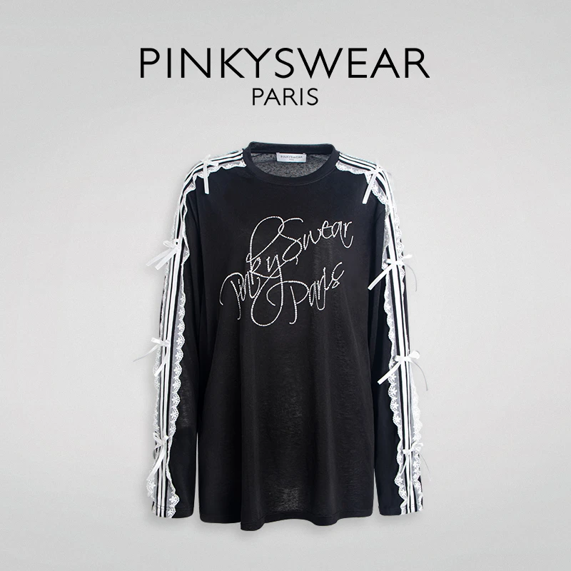 PinkySwear字母LOGO拼接蕾丝蝴蝶结长袖T恤DT3445