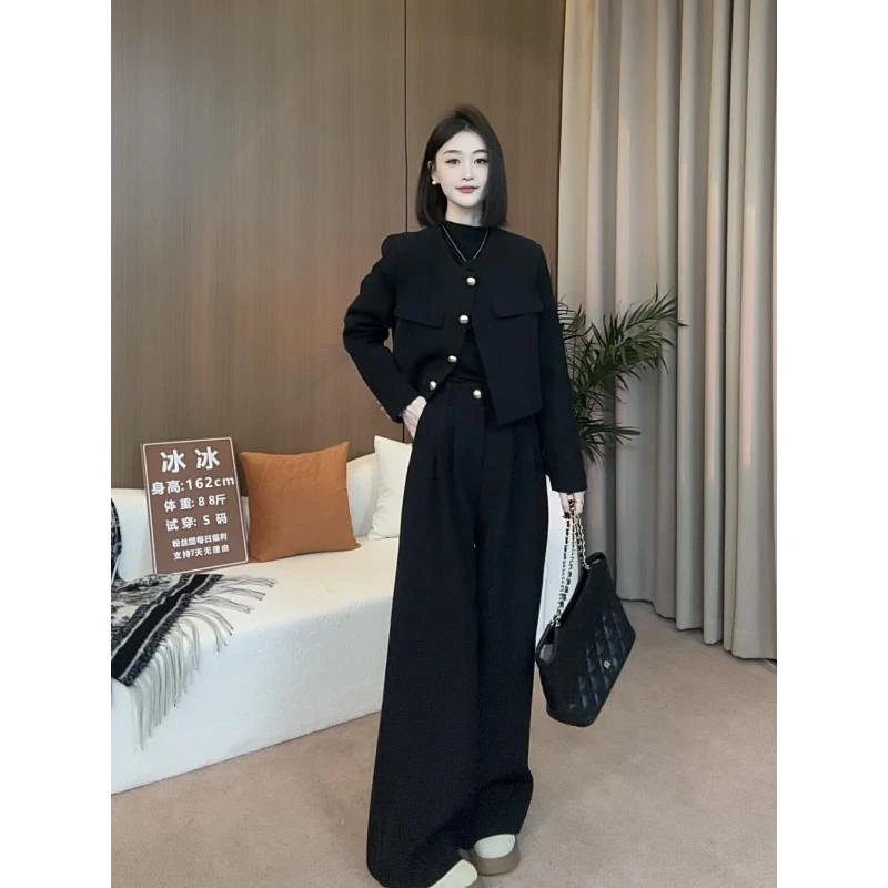 2024秋冬两件套设计感显瘦小香风韩版阔腿裤时尚套装黑色长袖套装