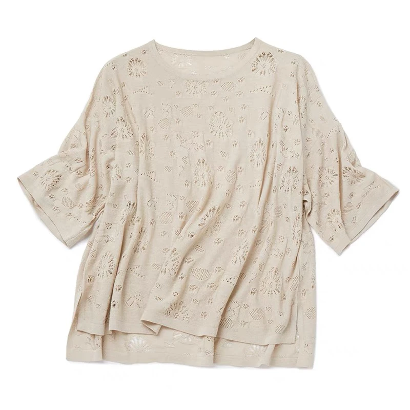 花园伊梦 真丝羊绒素花镂空样中袖衫 干爽